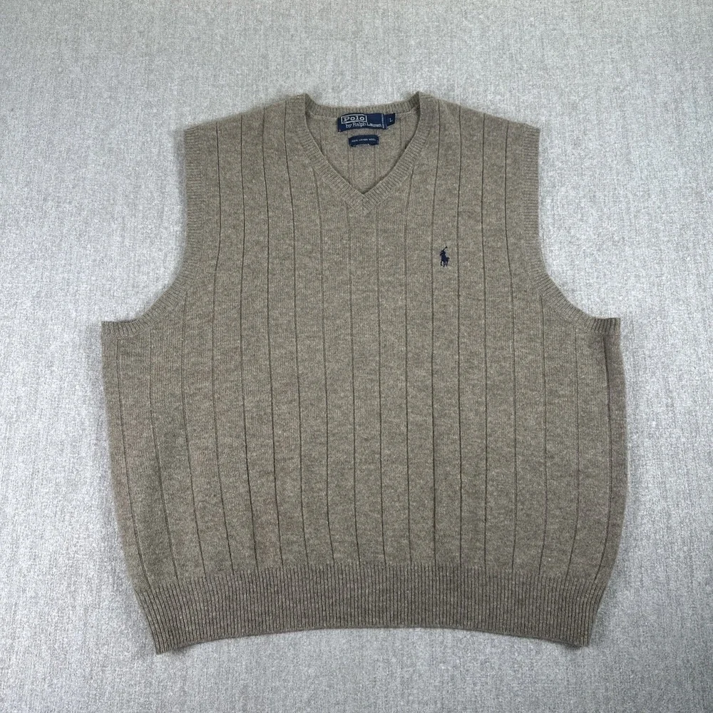 Vintage Polo Ralph Lauren‎ Lambswool Sweater Vest Men's L Tan Ribbed Pony Logo